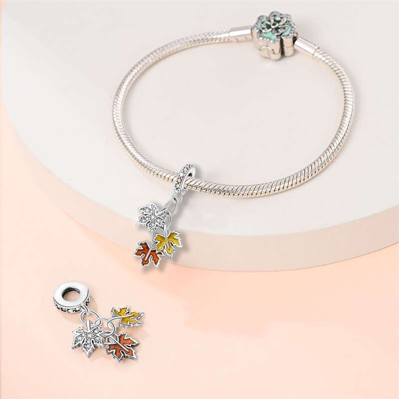 Autumn New 925 Sterling Silver Brown Maple Leaf Pumpkin Bee Charms Bead For Original Bracelets DIY Jewelry Warm Gift