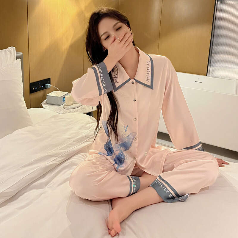 Fashionable Ice Silk Pama Women's Spring Summer Long Sleeve Satin Trousers Lapel Butterfly Print Breathable Pyjamas Sets