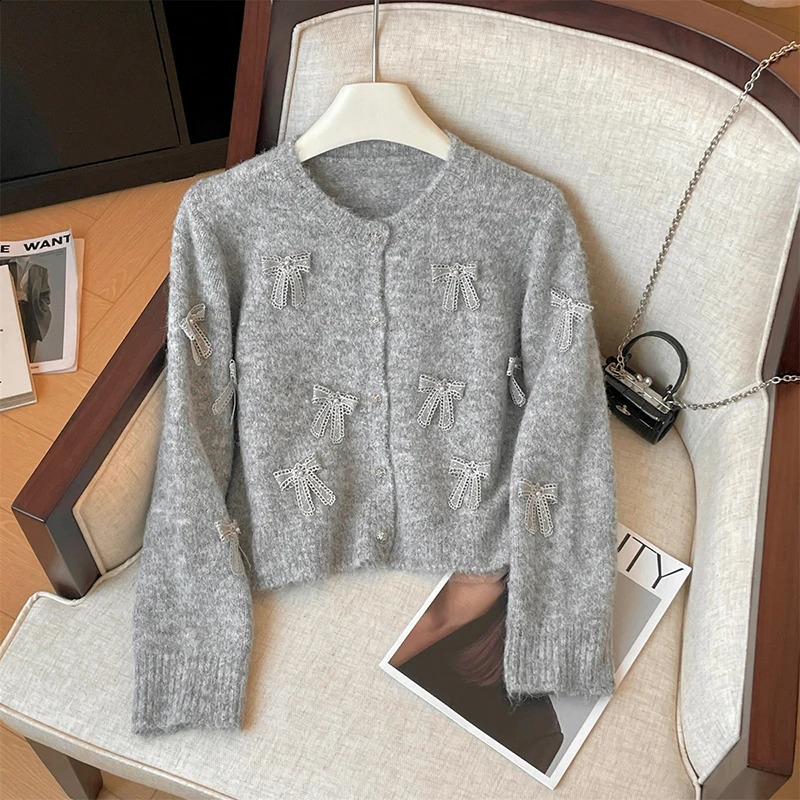 Womens Grey Cardigan Knit Sweater Harajuku 90s Y2k Long Sleeves Bow ONeck Jumper Vintage Fashion 2000s Clothes Autumn 240904