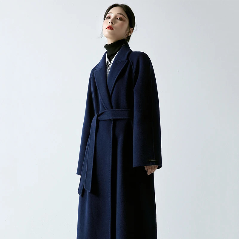 Navy Blue Double Face Wool Coat Women Autumn Winter Notched Collar Long Belt Overcoat Korean Style Vintage Woolen Coat 240911