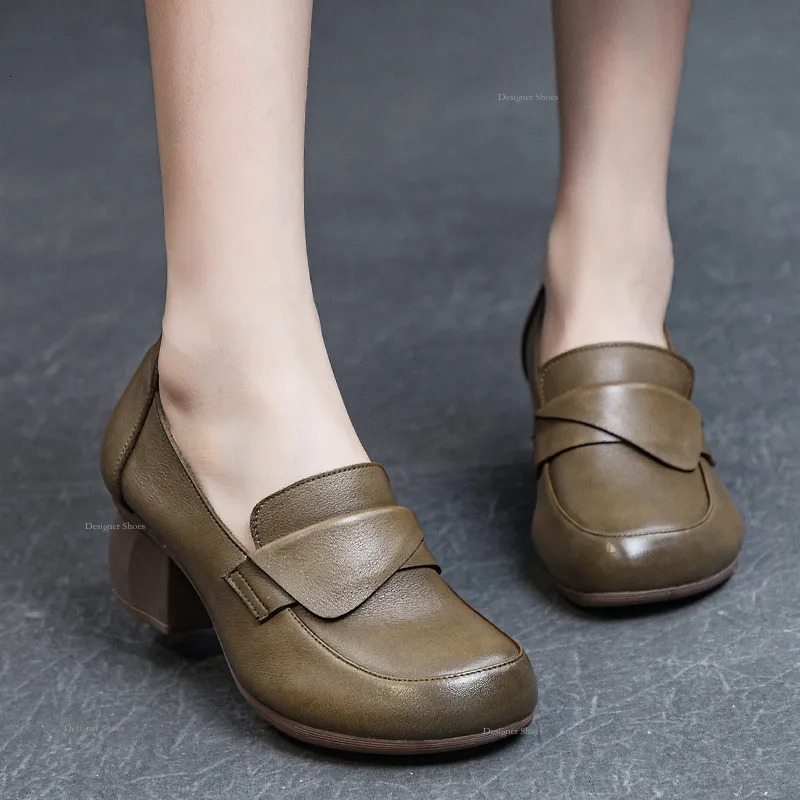 Autumn New 2023 Women's Four Seasons Single Thick Middle Heel Bottom Wash Hair Layer Soft Cowhide Wind Lefu Shoes