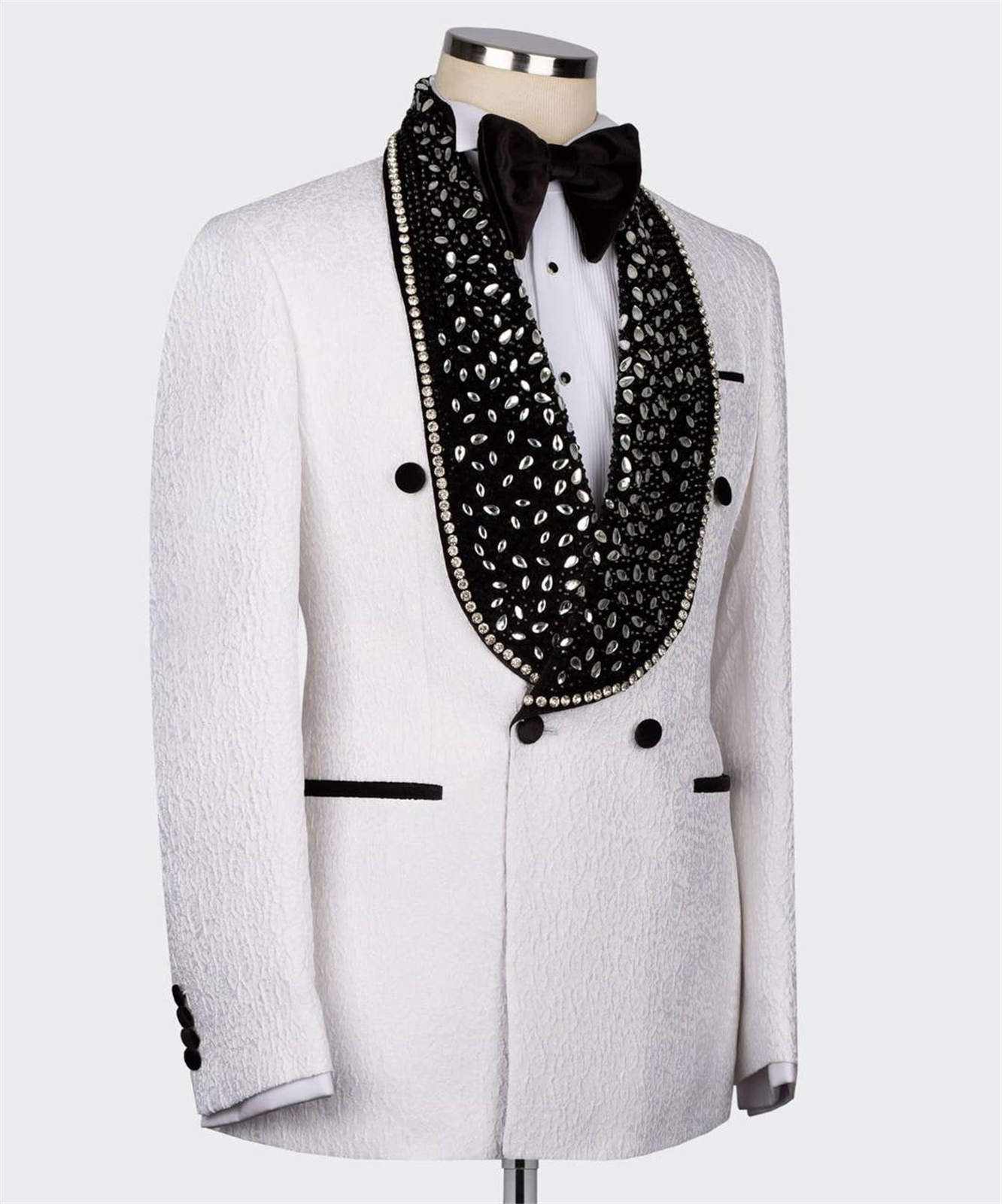 Luxury Men's Suit 2 Piece Set Shawl Lapel Tailored Blazers Crystal Rhinestone Groom Jacket For Man Double Breasted Custom Made Prom Coat Black Pa