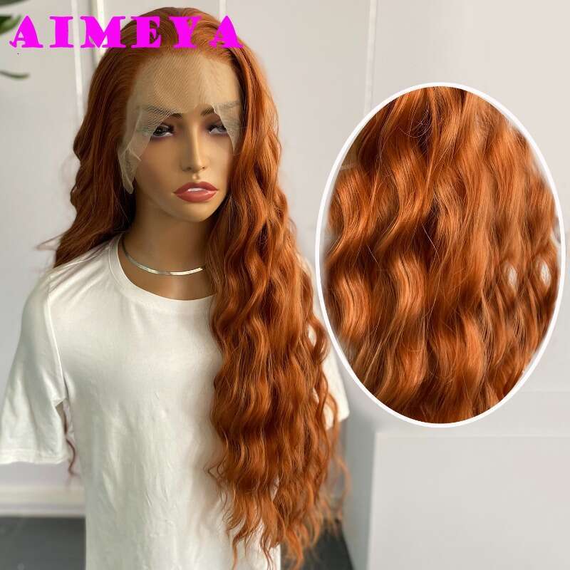 AIMEYA Ginger Lace Front Synthetic Long Body Wave Free Part Natural Haire Daily Use Orange Wig Heat Resistant Fiber