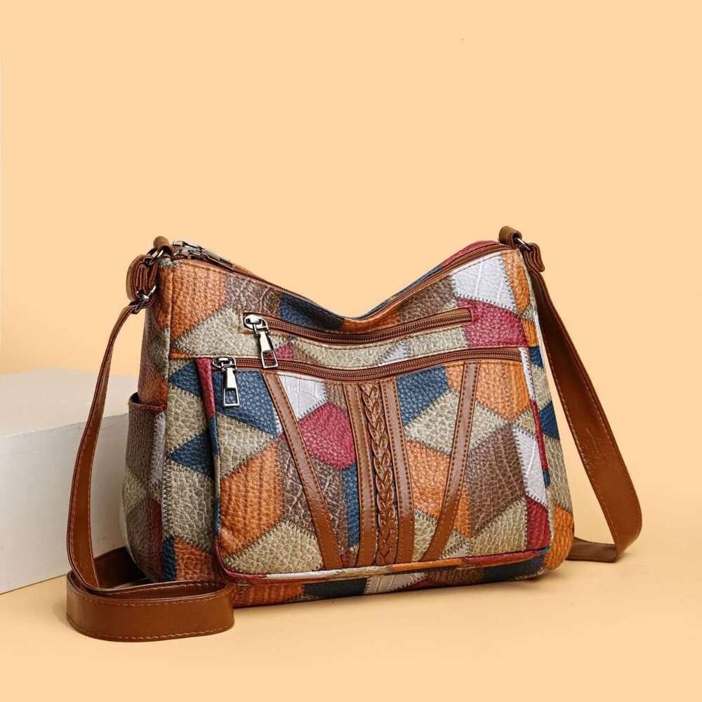 AMZZ 2024 New Women's Middle aged Mom with Large Capacity Splicing, Multiple Pockets for Work and Commuting, Oblique Back Straddle Bag, Single Sh