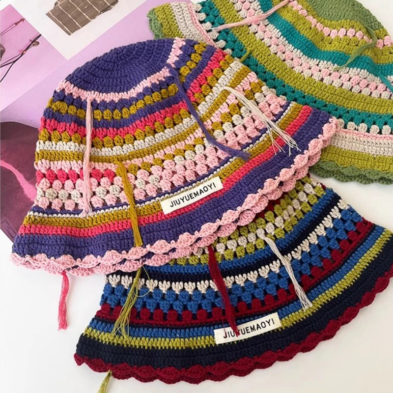 2023 Autumn Crochet Korean Handmade Bucket Hat Women Weaving Knitted Y2k Fashion Flowers Winter Beanies Basin Cap 240906