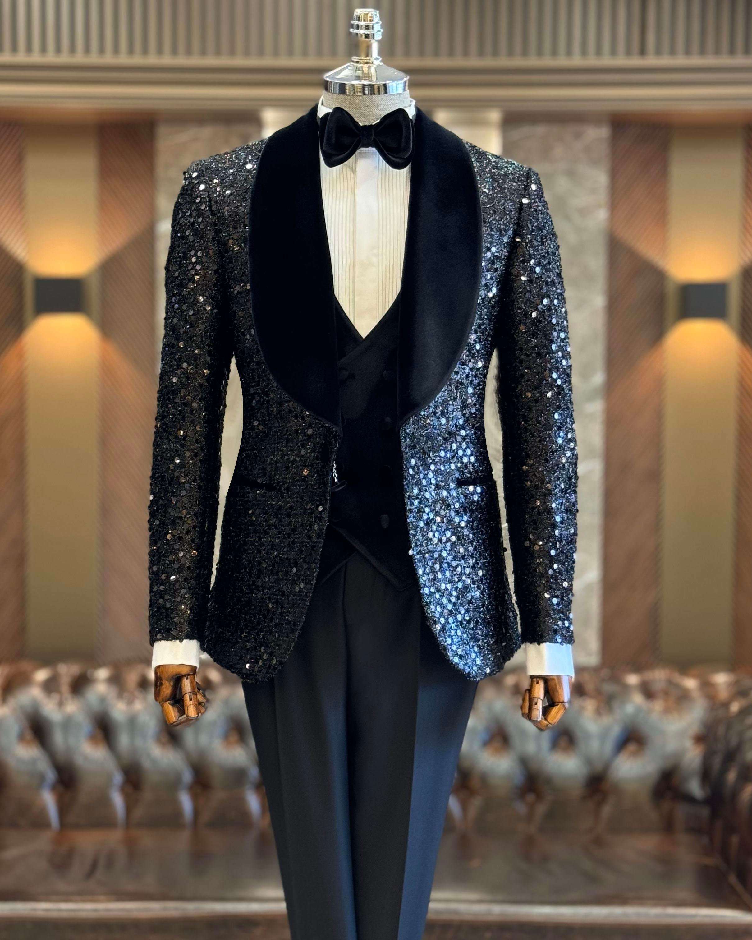 Sequined Mens Wedding Velvet Shawl Lapel One Button Jacket Pants Suits 2 Pieces Birthday Party Prom Formal Groom Wear