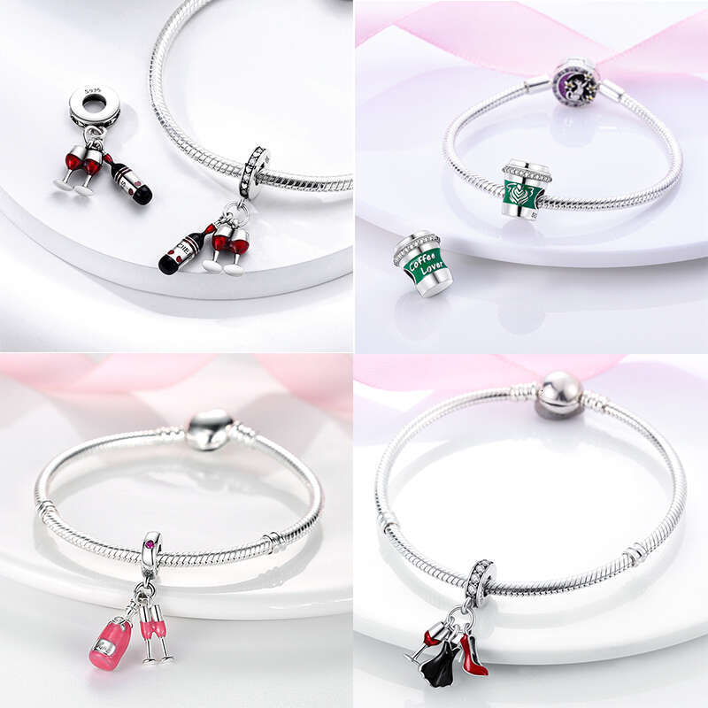 925 Silver Cup Collection Coffee Afternoon Tea Wine Glass Pendant Fit Original Bracelet Charms Bead Necklace DIY Jew
