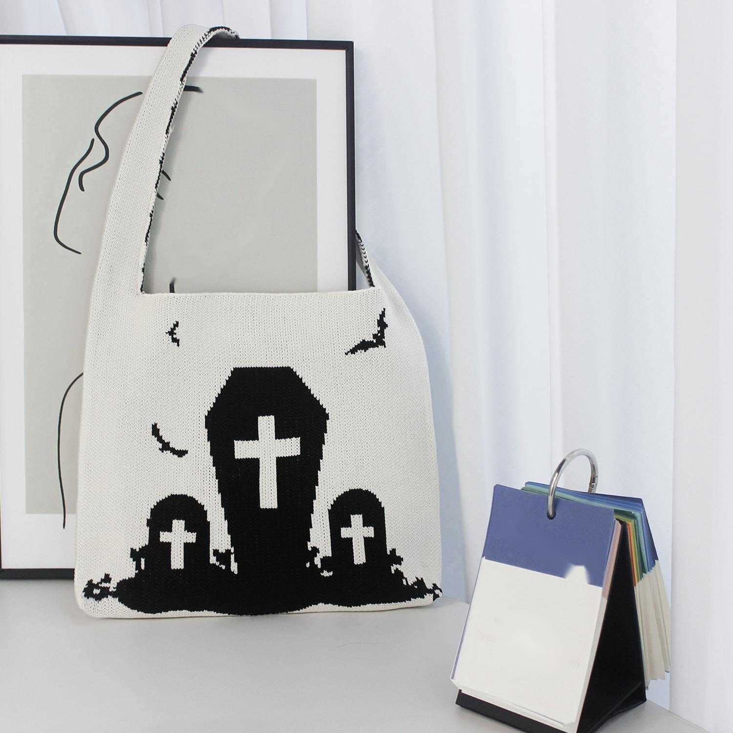 CMM Halloween Creative Funny Cemetery Tombstone Shoulder Bag Woolen Womens Bag Woven Cartoon Knitted Bag