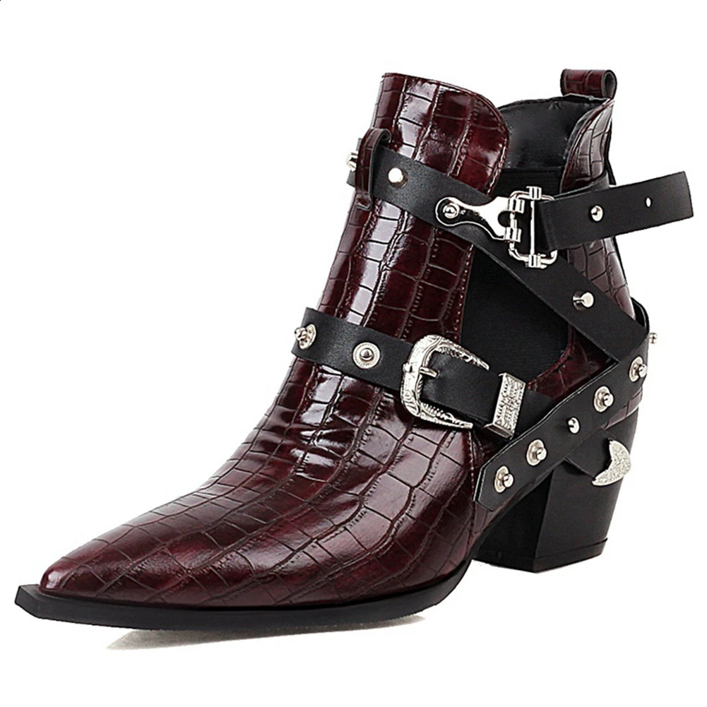 DoraTasia Plus Size 34-50 Womens Short Fat High Heels Pedal Boots Corner Buckle Rivet Boots Womens Party Ol Womens Shoes 240914