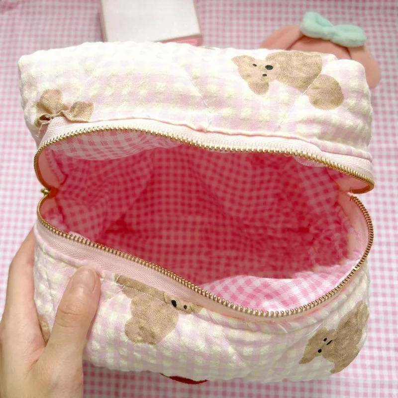 Cute Bear Print Cosmetic Bags Large Capacity Makeup Bags Soft Cotton Zipper Cosmetic Organizer Bag Travel Storage Bag For Women 240913
