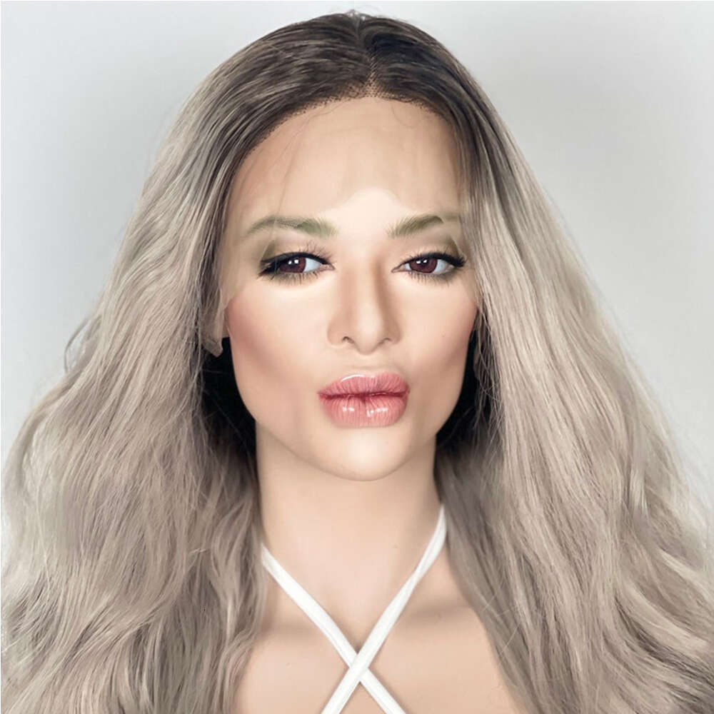Heat Resistant Synthetic Platinum Ash Sier Blonde Light Gray Ashy Wavy Long Human Hair Blend Front Wig HD Lace