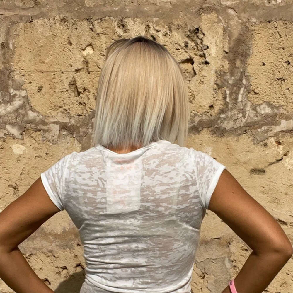 Short Bangs Ombre Light Blonde Straight With Dark Roots Heat Resistant Synthetic Natural Hair Lace Front Wig Fringe