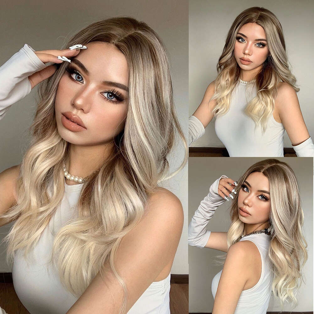 Highlight Synthetic Lace Front Dark Ash Blonde Layered Wavy Wig Human Hair Wigs 10% Mixed Heat Resistant Daily Cosplay