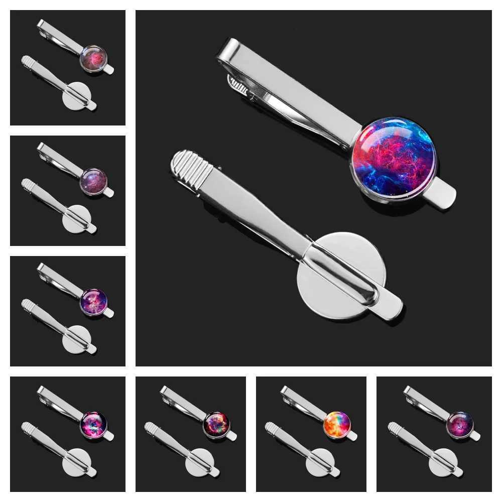 Mens Tie Clip Starry Sky Galaxy Universe Aurora Colorful Romantic Fashion Commercial Silver Rising Glass Decorative Gift W240914