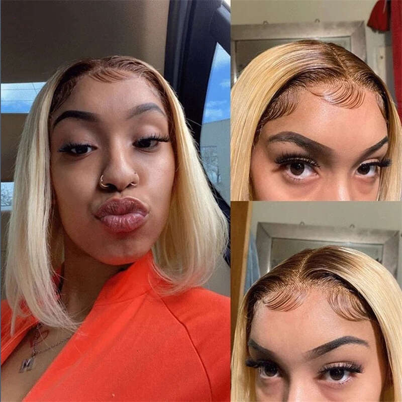 Ash Blonde Highlight Color Short Straight Bob Front Wigs For Women Long Synthetic Hair Dark Roots 13X4 Lace Frontal Wig