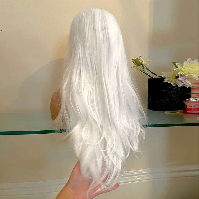 White Natural Straight Synthetic Wigs Icy Blonde Lace Front Wig 10% Human Hair 13X4 Heat Resistant Fiber Cosplay