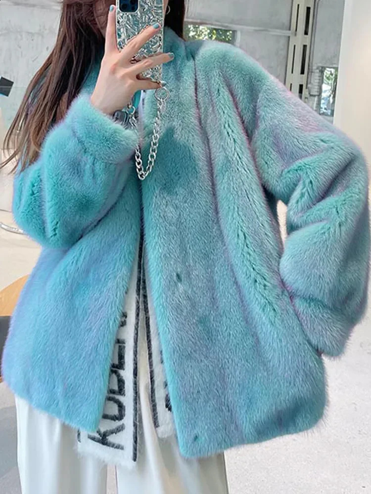 Women Winter Faux Fur Warm Coat Vintage Long Sleeve Female Thick Teddy Bear Coat Casual Loose Oversize Blue Outwears B134 240911