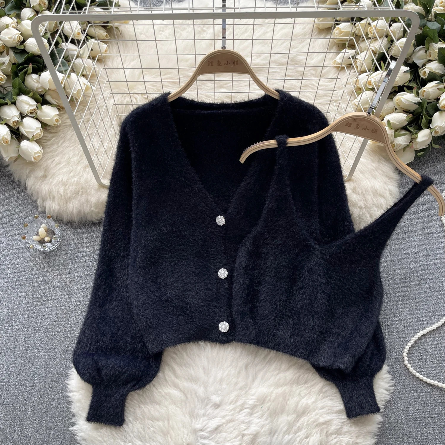 Sexy Chic Two Pieces Sets Off Shoulder Straps Short Camis Vest with High Street Button Plush Coat Autumn Winter Women Clothing 240905