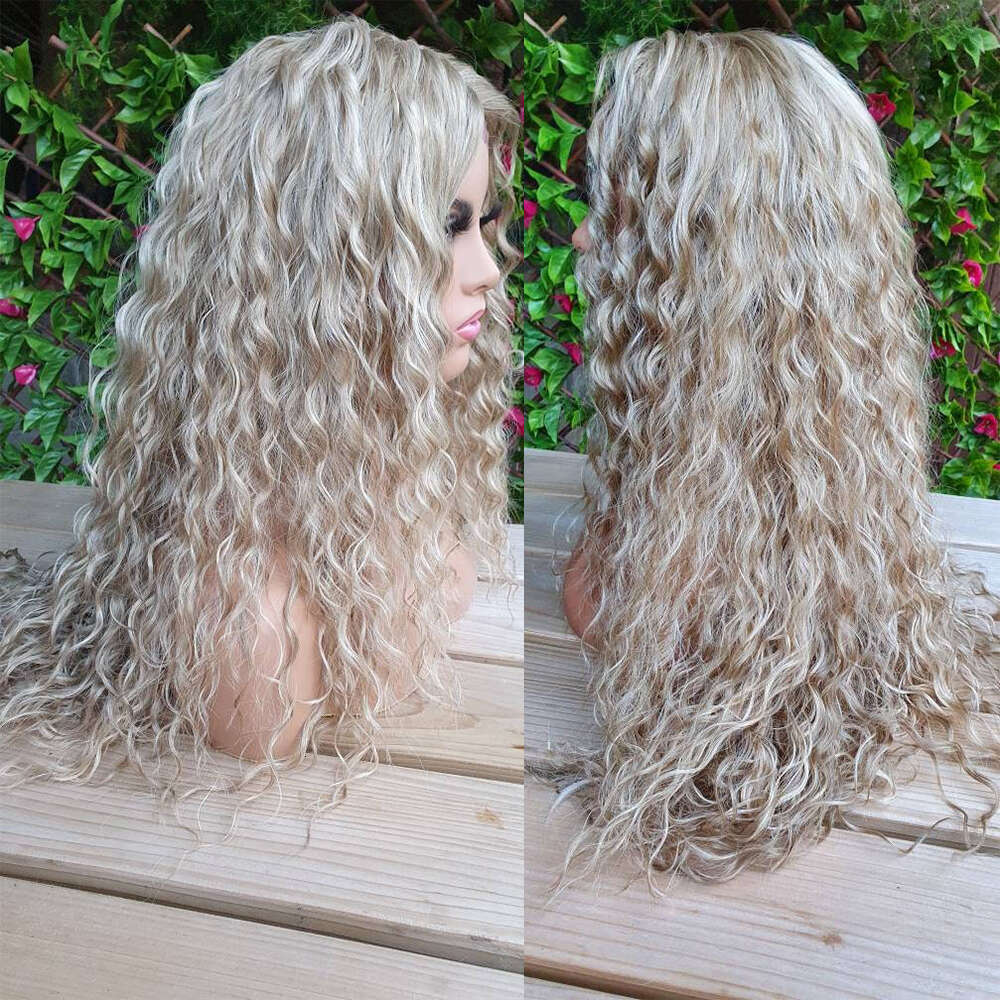 Heat-Resistant Fiber Ashy Blonde Mixed Lace Front Synthetic Long Curly Wig Women Human Hair Wigs Daily Party Wearing Curls
