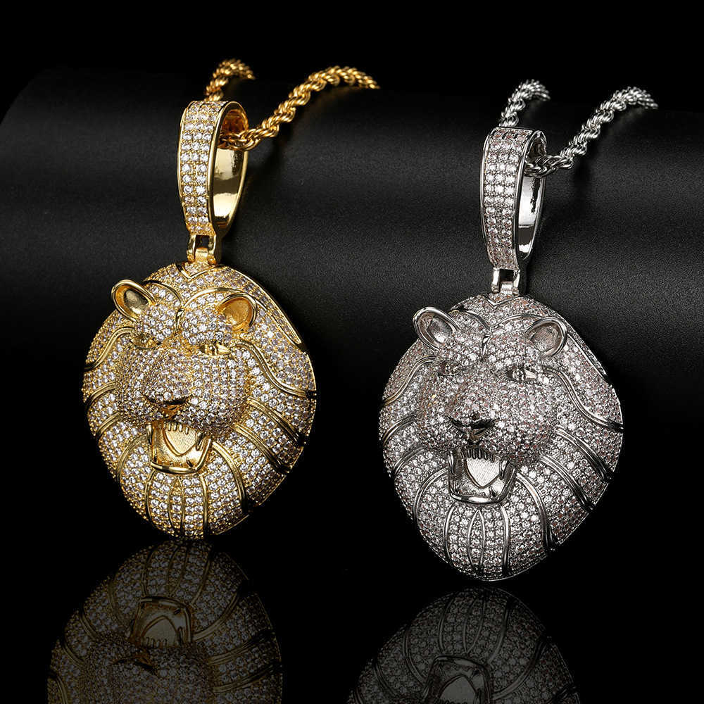 Handmade Ice Out Lion Head Pendant Micro-inlaid Zircon Exaggerated Hip Hop Copper Pendant Mens Necklace