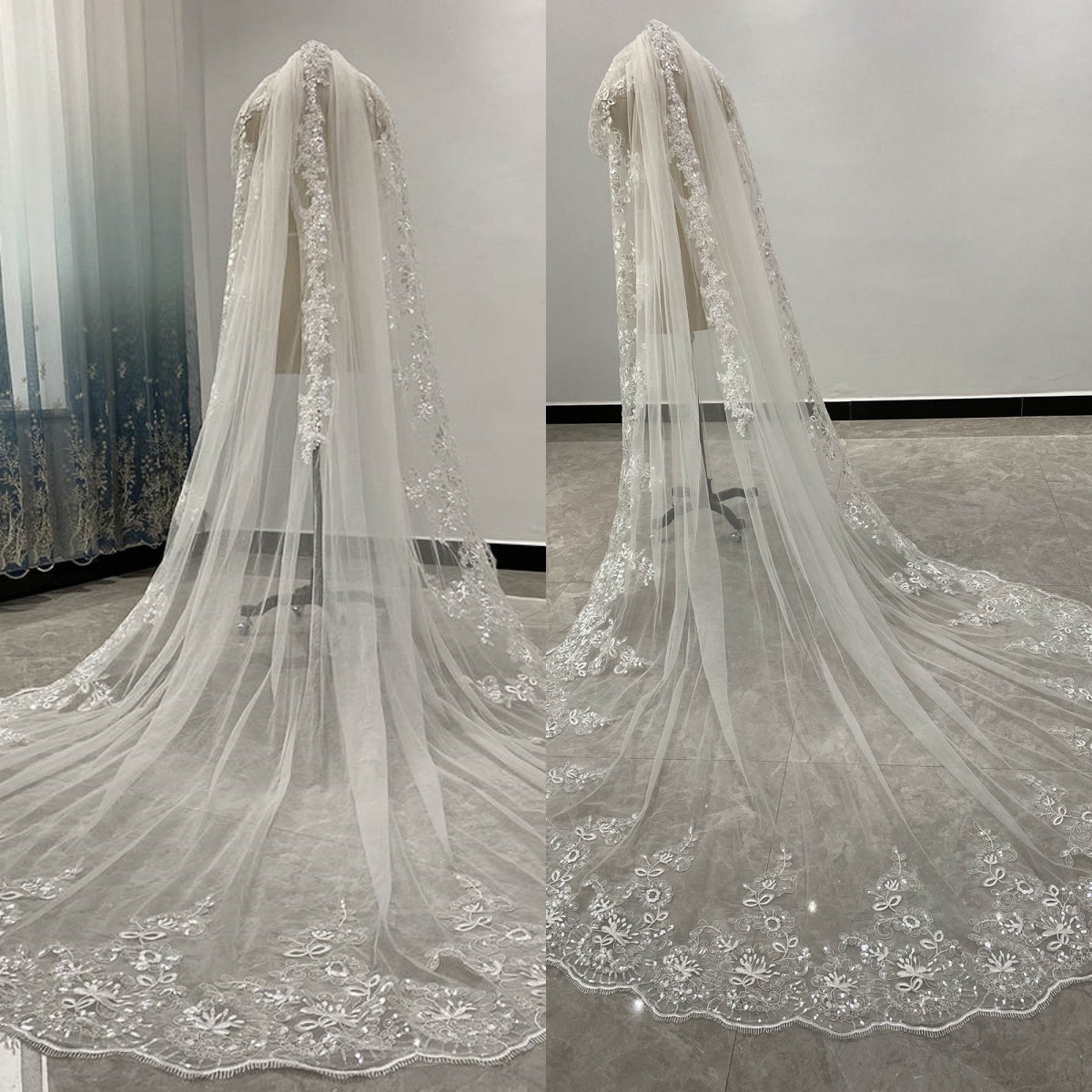 Luxury Wedding Veil Appliques Sequins One Layer Long Cathedral Length Bridal Veils Applique Edge Wedding Accessories Custom Made High Quality