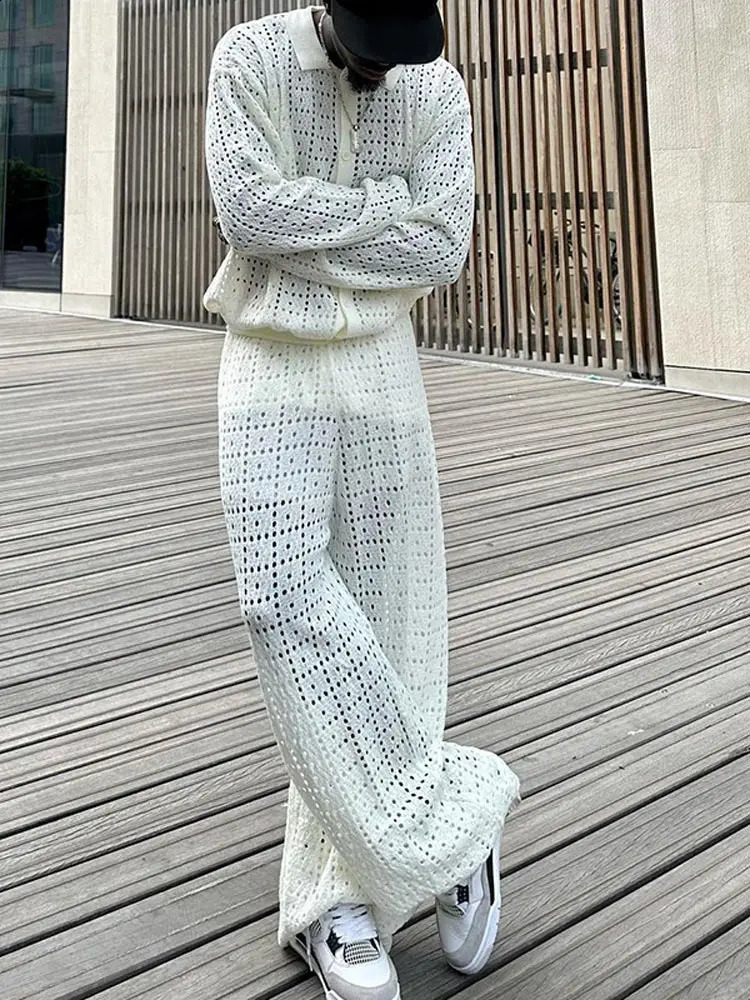 Fashion Solid Crochet Hollow Out Mens Pants 2 Piece Set Casual Lace Lapel Shirt With Wide Leg Trousers Suits Autumn Outfits 240909