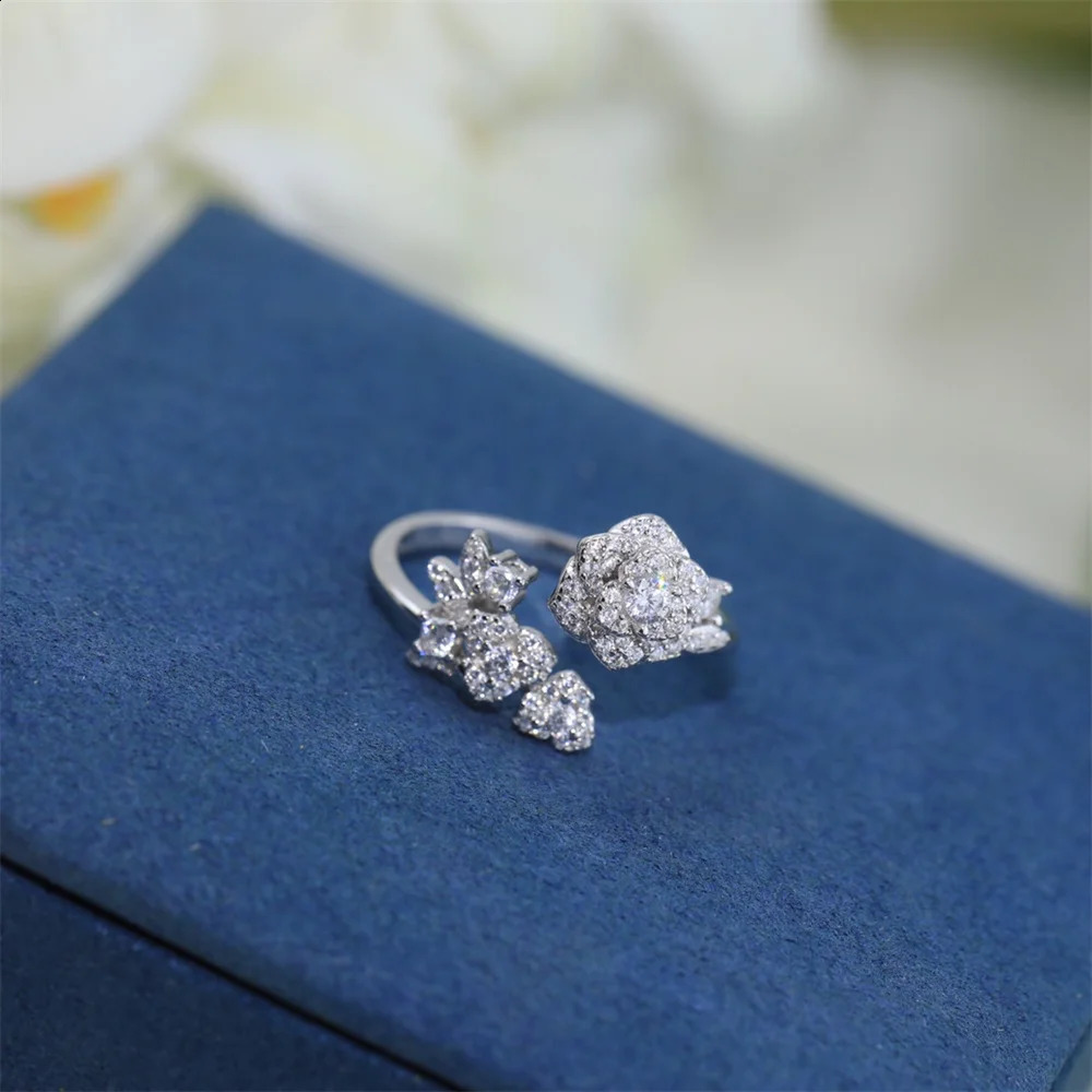 All diamond rose polyester ring pure silver open top ring Exquisite and Versatile ring 240914