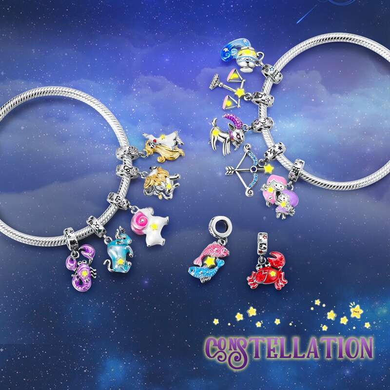 925 New Sterling Silver 12 Constellation Luminous Pendant Charm Bead Fit Original Bracelet for Women Making Gift DIY