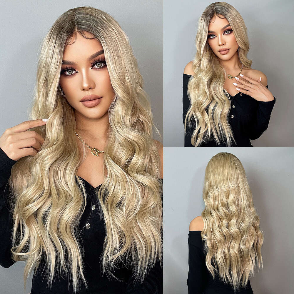 Lace Front Synthetic Long Wavy Wig Ombre Light Blonde Wigs For Women Daily Hair Heat Resistant 28" 180% Density