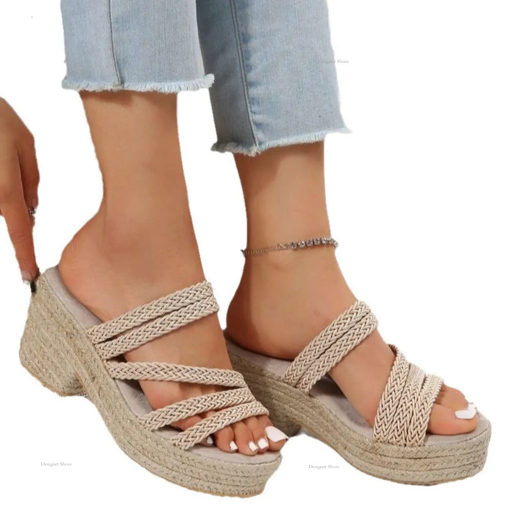 Size Summer Large Women's Linen Solid Color Woven Minimalist Ins Style Sandals, Slope Heel Sandals