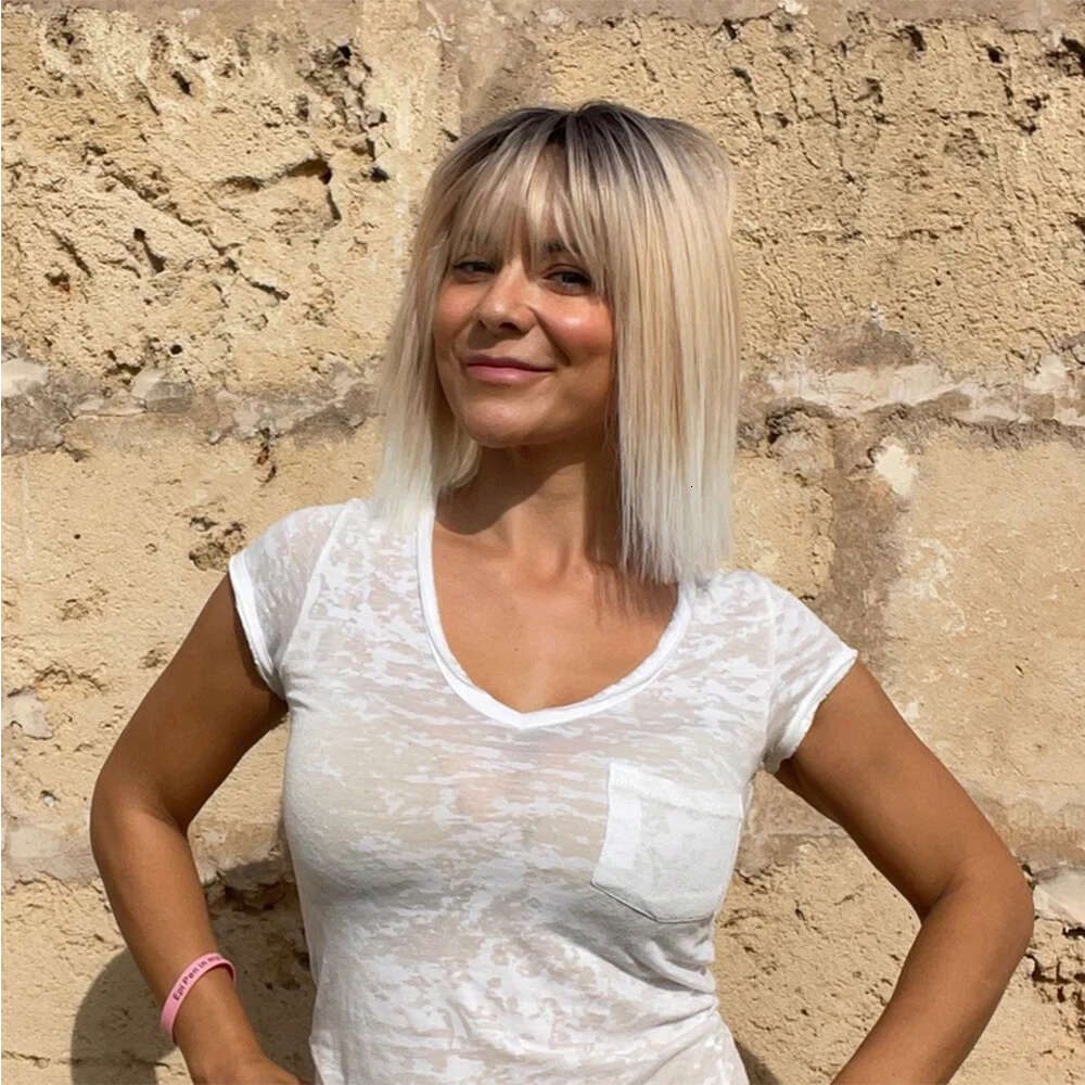 Short Bangs Ombre Light Blonde Straight With Dark Roots Heat Resistant Synthetic Natural Hair Lace Front Wig Fringe