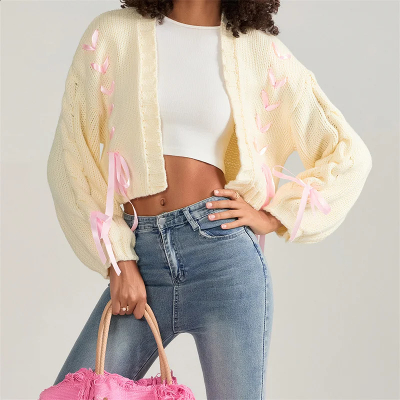 Chic Knitwear Cardigan Vintage Ribbon Bow Tie Up Knitted Sweater Women Y2k Aesthetic Harajuku Long Sleeve Outwear Autumn Winter 240904