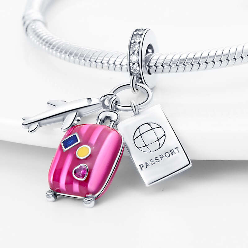 925 Sterling Silver Airplane Passport Suitcase Travel Charms Beads Fit Original Bracelets DIY Birthday Jewelry