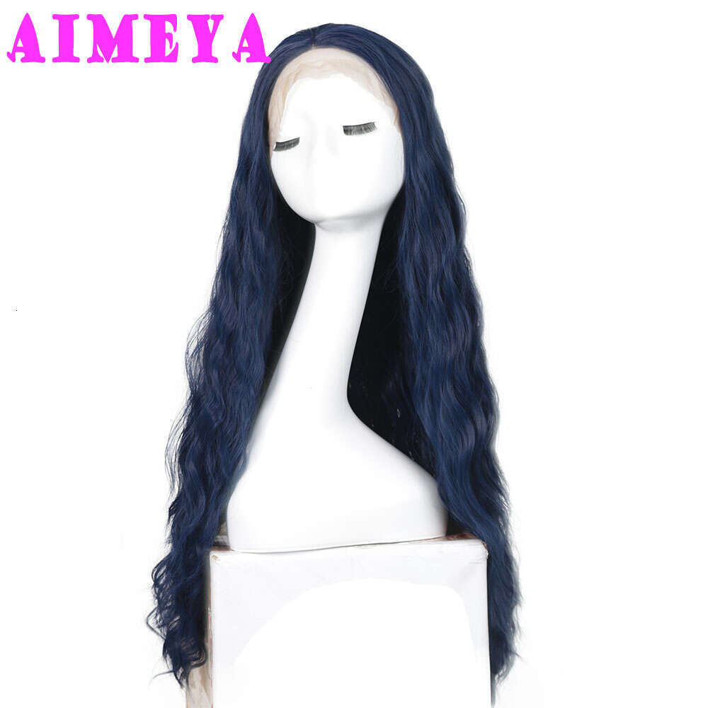 AIMEYA Dark Blue Loose Curly Long Synthetic Lace Front Wigs Natural Wave Hair Daily Use Cosplay Wig Heat Resistant