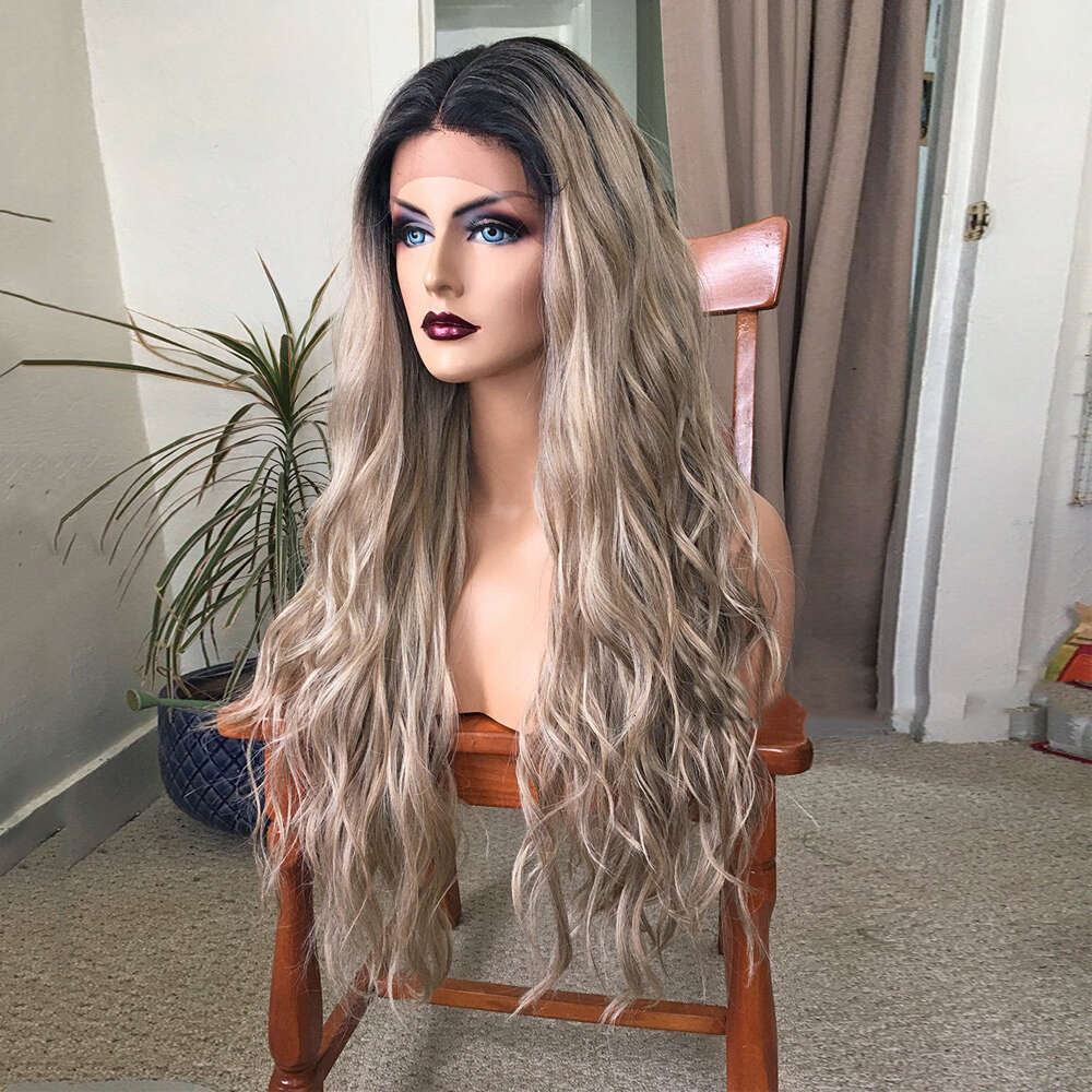 Dark Mixed Human Hair Lace Front Wig With Ombre Brown Roots Blonde Highlights 24" Long Wavy Synthetic Wigs Heat Resistant
