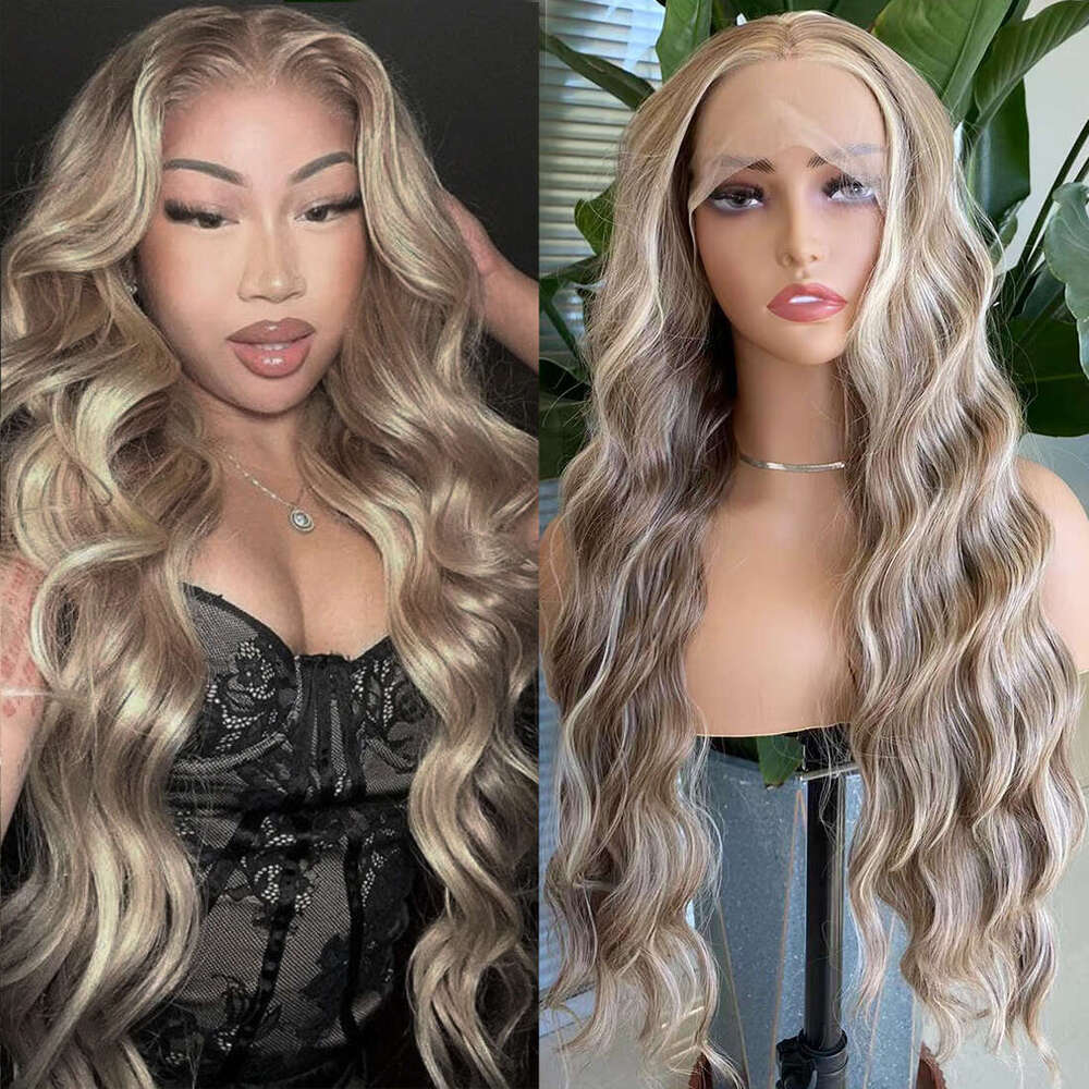 AIMEYA Brown Deep Wave Lace Front Synthetic Blonde Highlights Wig Natural Haire Daily Use Wigs Heat Resistant Fiber