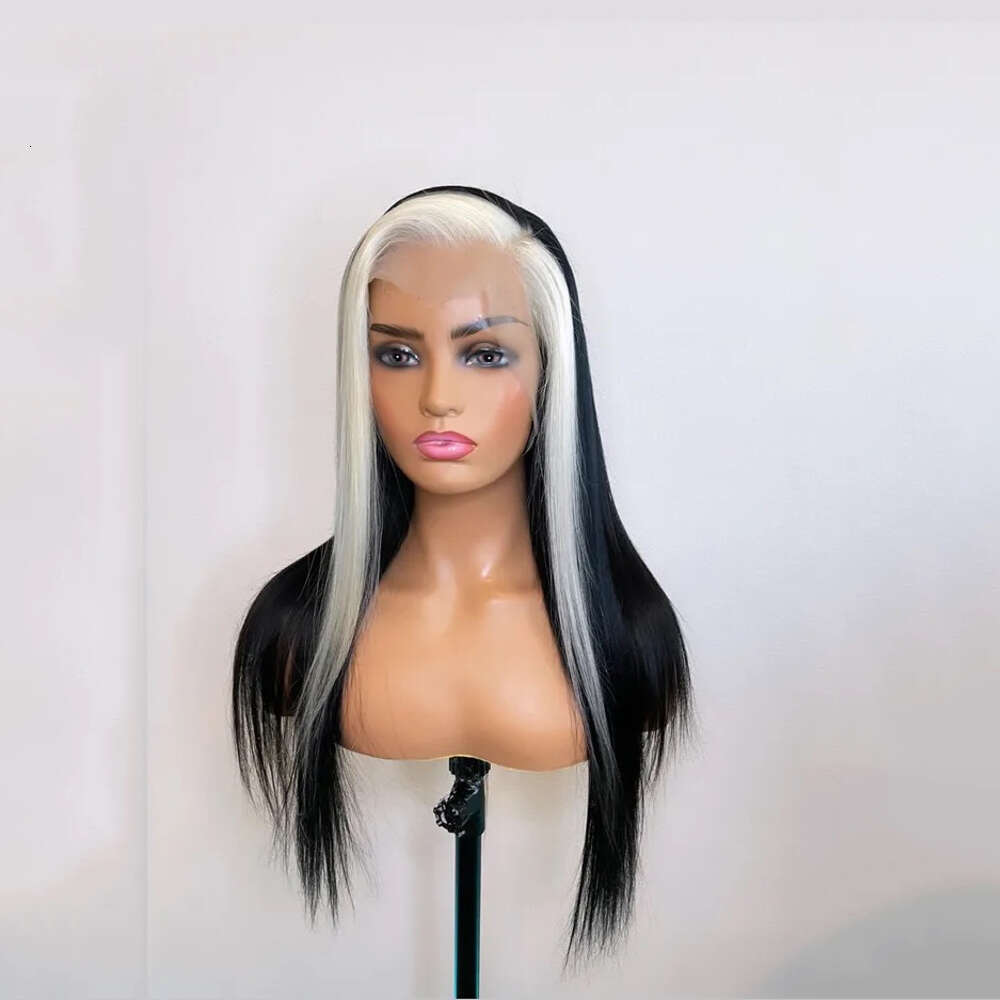 Heat Resistant Firber Synthetic Lace Front Black White Highlights Wig 10% Human Hair Straight Wigs Free Style Cosplay/Dailly