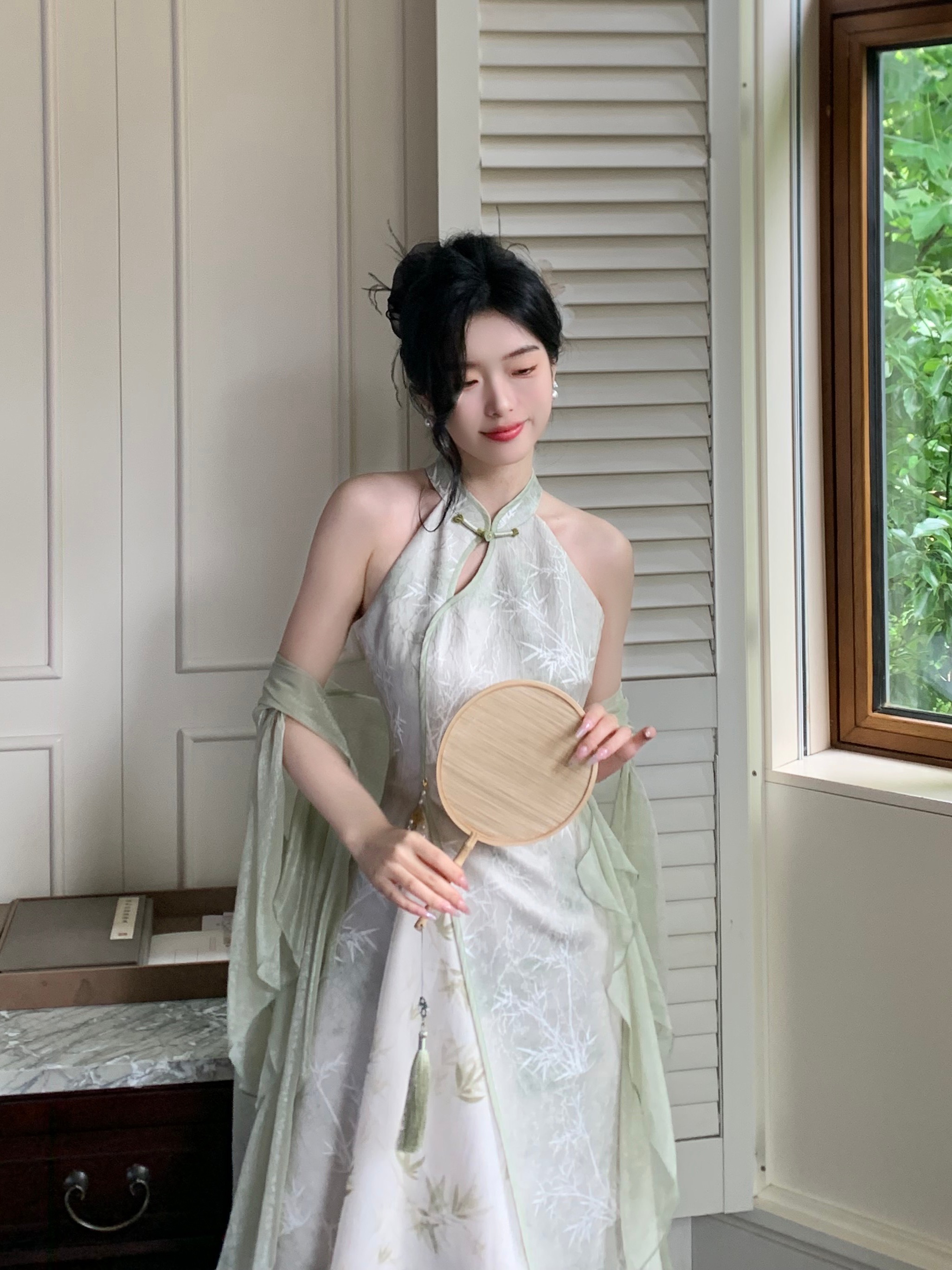 Blovelan Hanfu Style Cheongsam Dress - Bamboo Shadows Jacquard Print, Chinese Traditional Halter Neck Qipao