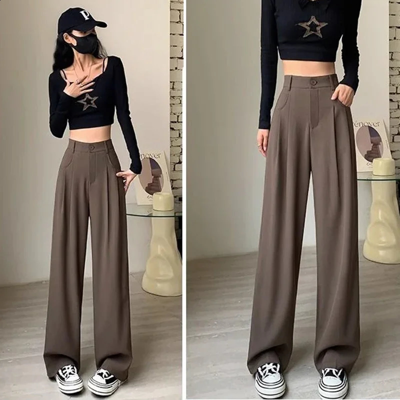 2024 Women Fashion Suit Pants Lady Comfortable Summer High Waist Wide Leg Autumn Trousers Straight Coffee Classic 240905