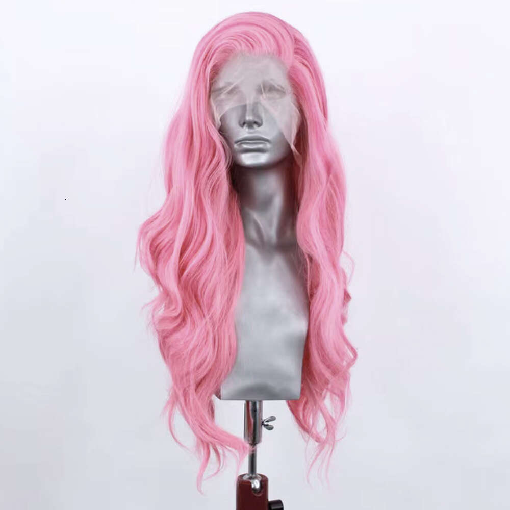 AIMEYA Pink Long Body Wave Side Part Lace Front Heat Resistant Synthetic Hair Daily Use Cosplay Wig