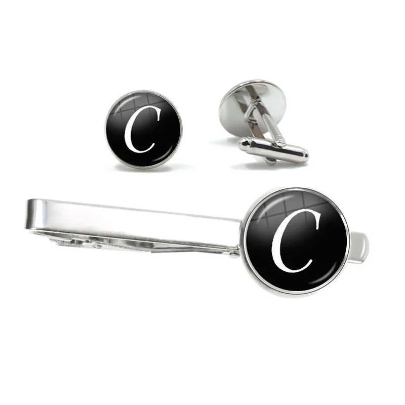 26 letter personalized mens tie clip and cufflink set shirt set cufflink wedding jewelry Fathers Day gift W240914