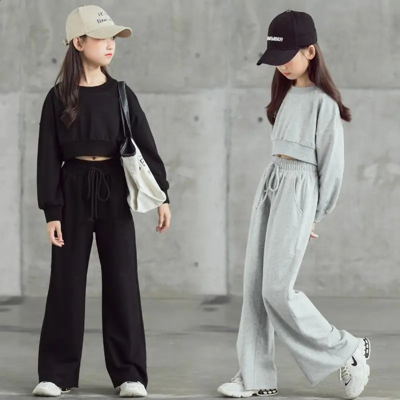 Winter Childrens Track and Field Clothing Childrens Clothing Casual Crop Top T-shirtWide Leg Pants Set Youth 7 8 to 10 12 Years Old 240913