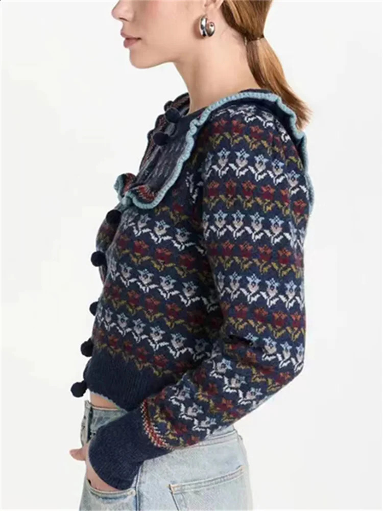 Women Wool Sweater Jacquard Round Neck Single Breasted Sweet Female Knit Cardigan 240904