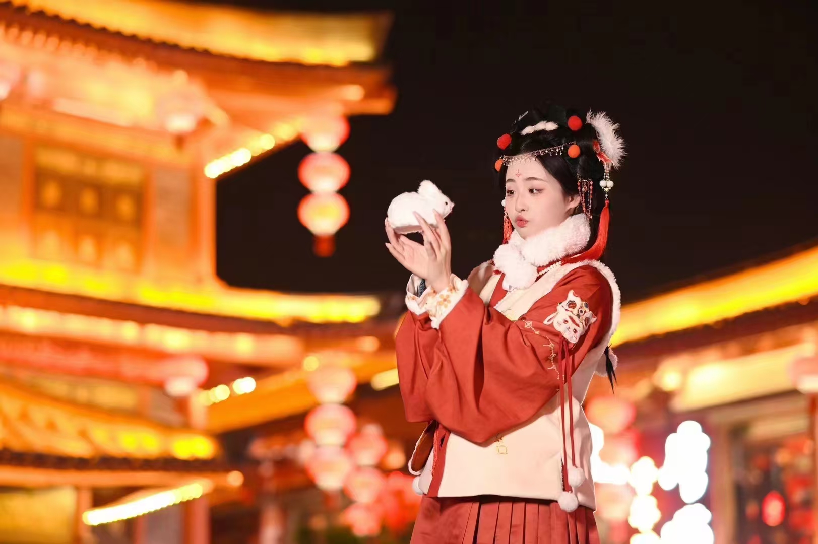 Traditional Chinese Hanfu Women's Embroidered Ming Style Bijia and Mamian Skirt Set for Winter - Fu Long Naonao New Year Outfit