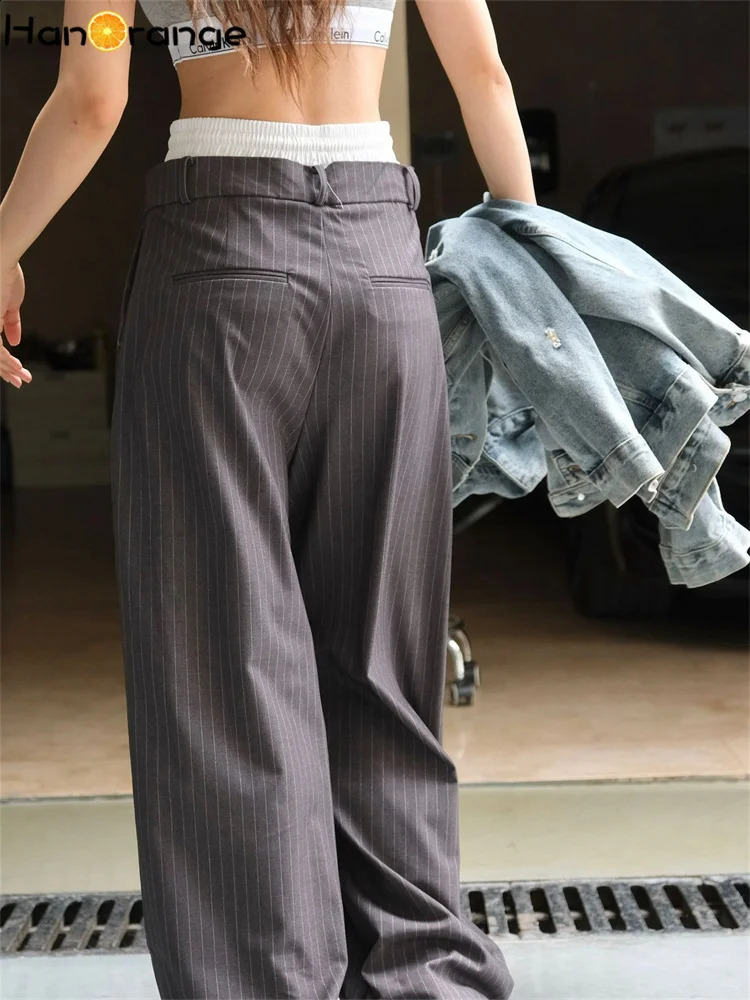 HanOrange Autumn Casual Waist Splicing Striped Pants Womens Loose Wide Legs Felt Trouser Grey 240913