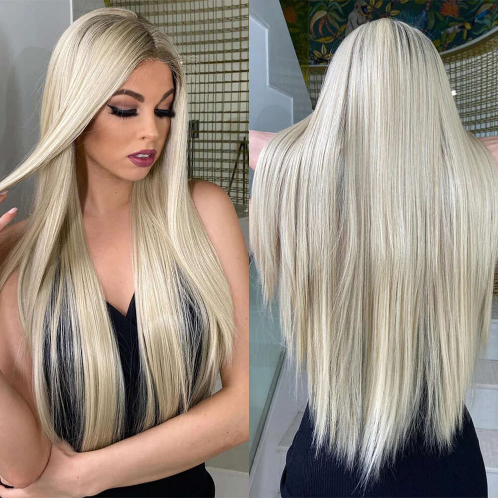 Soft Highlight Synthetic 13X4 Straight Heat Resistant Glueless Lace Front Wig For Women Daily Use 28" Blonde Root