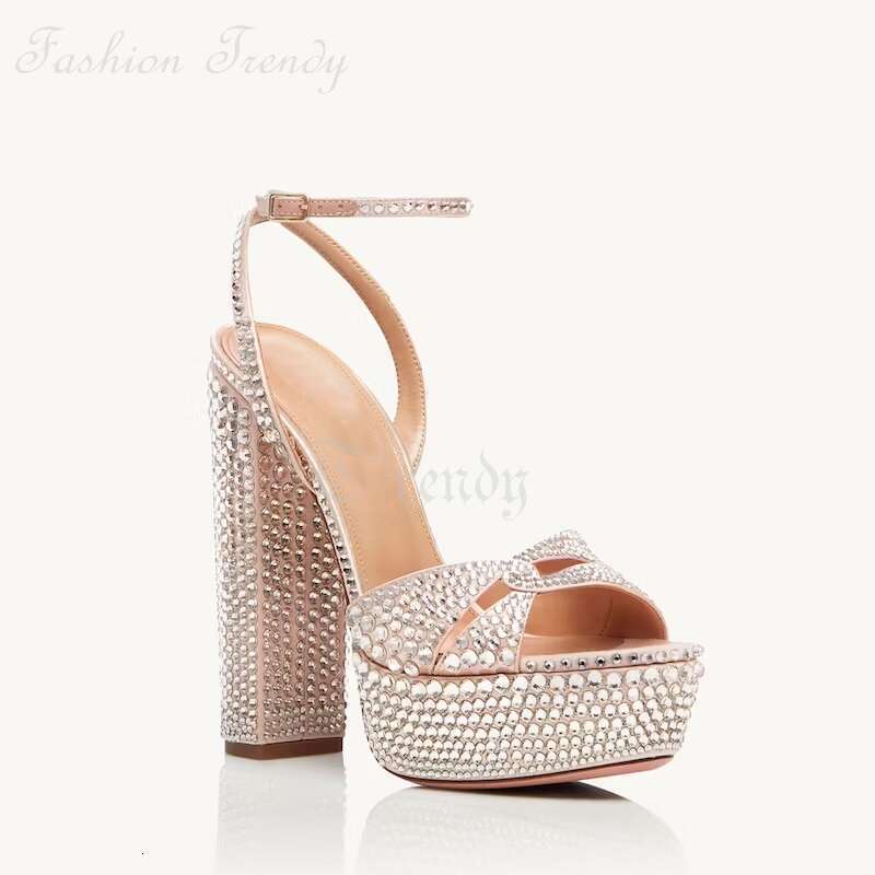 Skin Tone Crystal Chunky Heels Women Open Sandal Green Suede Sier Sequined Pump Square Light Buckle Elegant Wedding Shoe