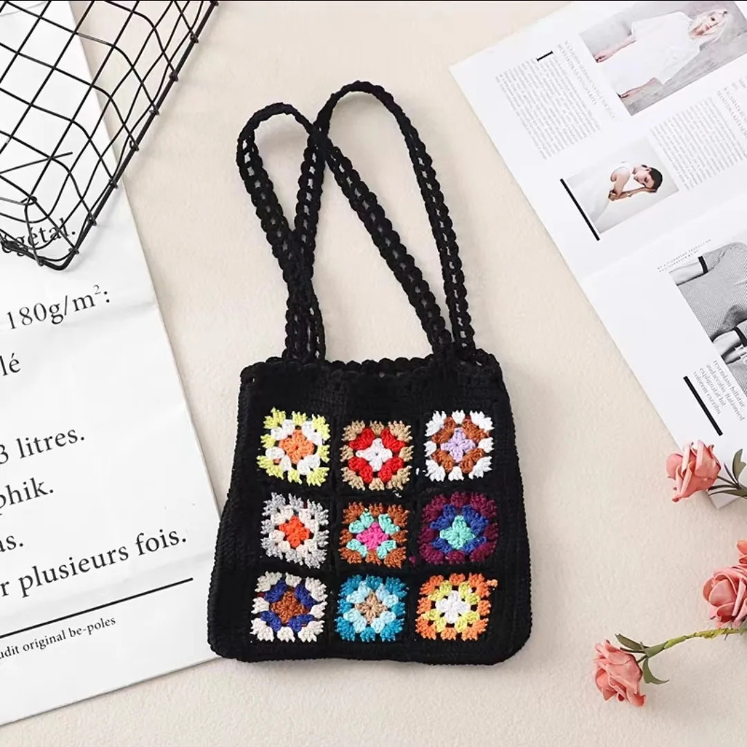 Bohemain Crochet Womens Shoulder Bag Grandma Square Handbag Casual Knitted Hand Woven Summer Beach Small Wallet 240913
