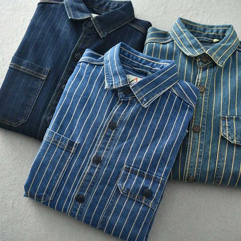 Japanese retro washed vertical striped denim shirt mens loose plus size cotton long sleeved jacket W240914