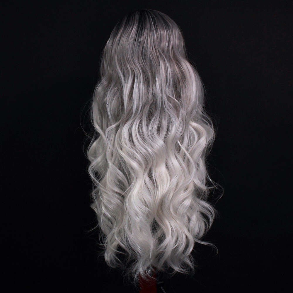 Rooted Dark Grey Into Platinum Sier Ombre Human Hair Blended Synthetic Lace Front Heat Resistant Loose Wand Wave Wig